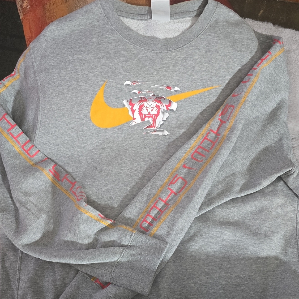 Nike Men's Gray Crewneck Sweater with Yellow Logo